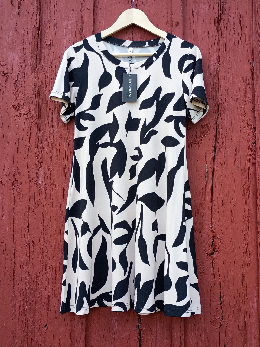 Molerani,Just For You, Black and Cream Leaf-Print A-Line Short Sleeve Dress Sz S